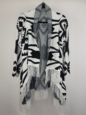 Boho Southwestern Fringe Knit Cardigan L Black White Long Sleeve Open Front Wrap